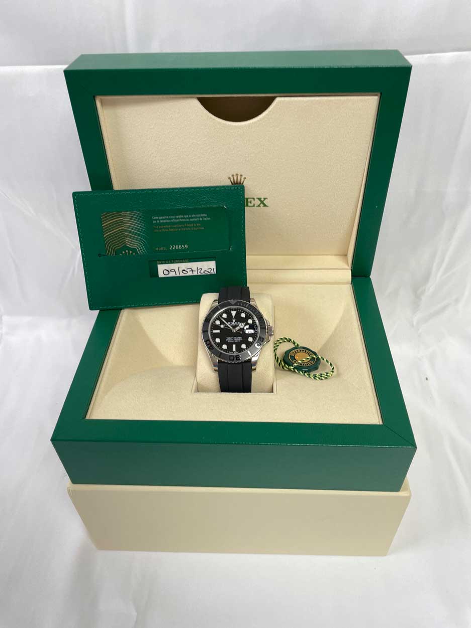 Rolex White Gold Yacht-Master 42 Watch - Black Dial - Oysterflex Strap