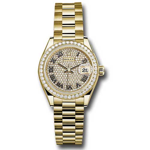 Rolex Datejust Lady 28 Yellow Gold - Diamond Bezel - President Bracelet