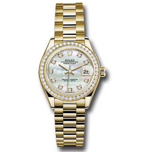 Rolex Datejust Lady 28 Yellow Gold - Diamond Bezel - President Bracelet