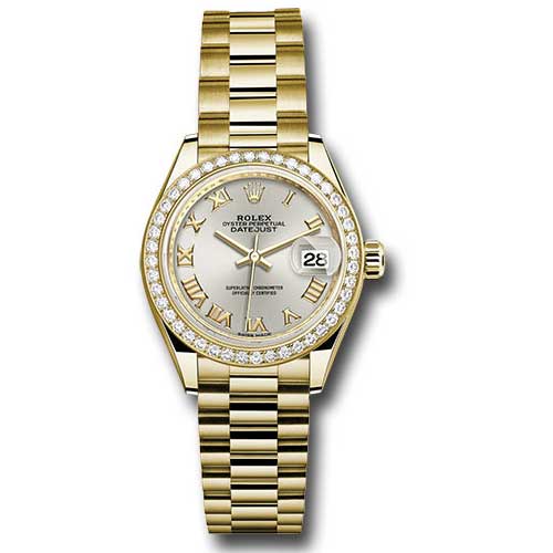 Rolex Datejust Lady 28 Yellow Gold - Diamond Bezel - President Bracelet