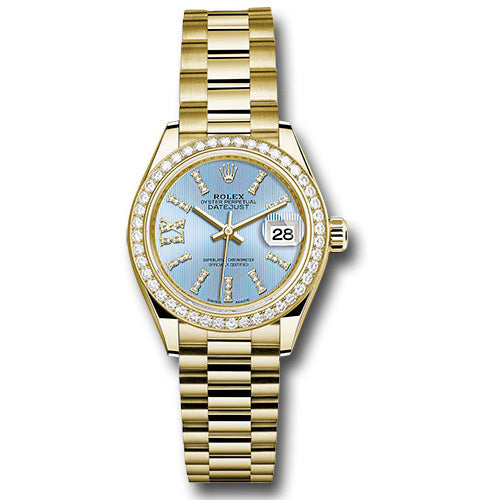 Rolex Datejust Lady 28 Yellow Gold - Diamond Bezel - President Bracelet