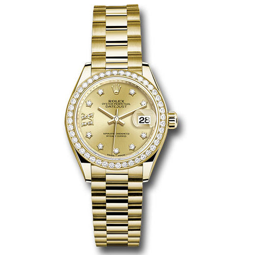 Rolex Datejust Lady 28 Yellow Gold - Diamond Bezel - President Bracelet