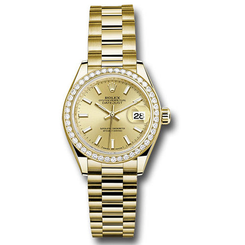 Rolex Datejust Lady 28 Yellow Gold - Diamond Bezel - President Bracelet