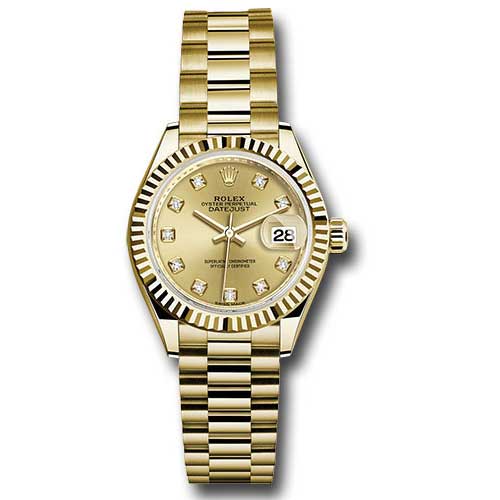 Rolex Datejust Lady 28 Yellow Gold - Fluted Bezel - President Bracelet