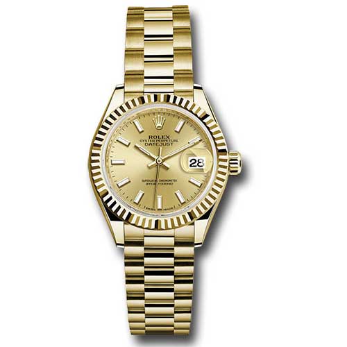 Rolex Datejust Lady 28 Yellow Gold - Fluted Bezel - President Bracelet