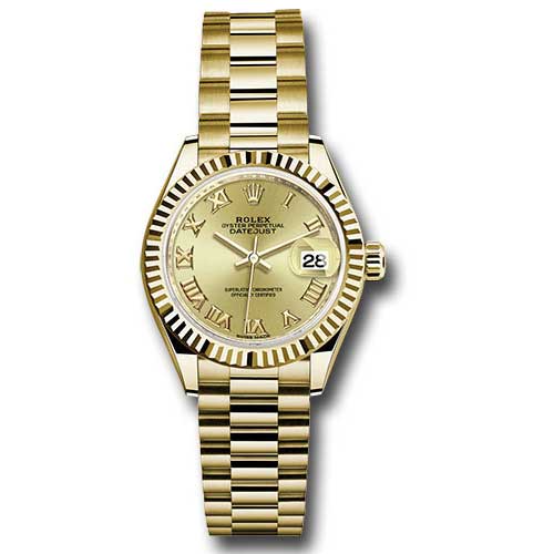 Rolex Datejust Lady 28 Yellow Gold - Fluted Bezel - President Bracelet