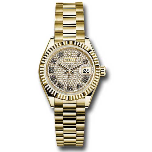 Rolex Datejust Lady 28 Yellow Gold - Fluted Bezel - President Bracelet