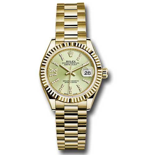 Rolex Datejust Lady 28 Yellow Gold - Fluted Bezel - President Bracelet