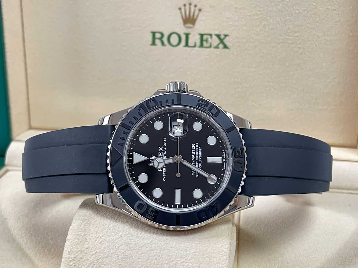 Rolex White Gold Yacht-Master 42 Watch - Black Dial - Oysterflex Strap