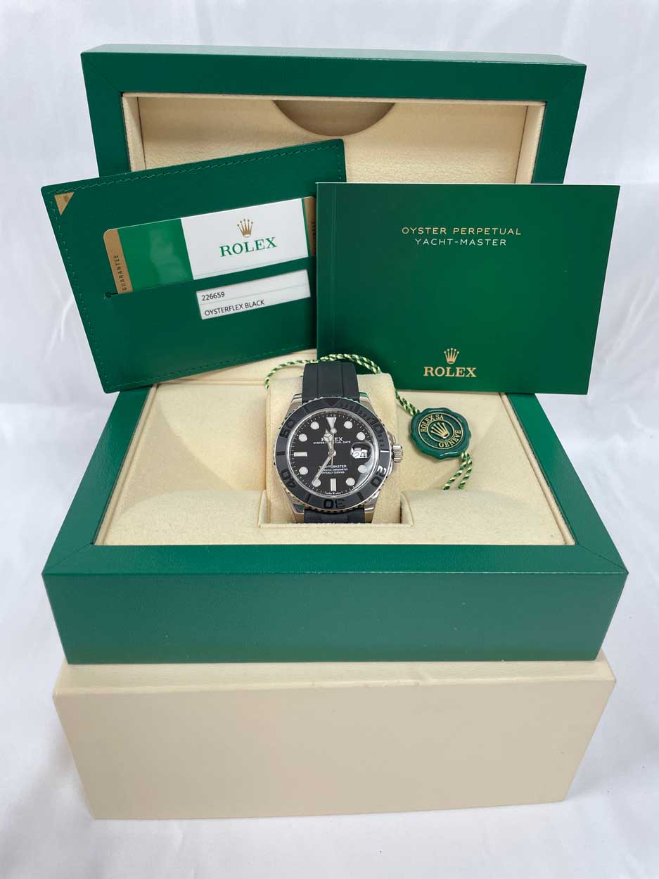 Rolex White Gold Yacht-Master 42 Watch - Black Dial - Oysterflex Strap