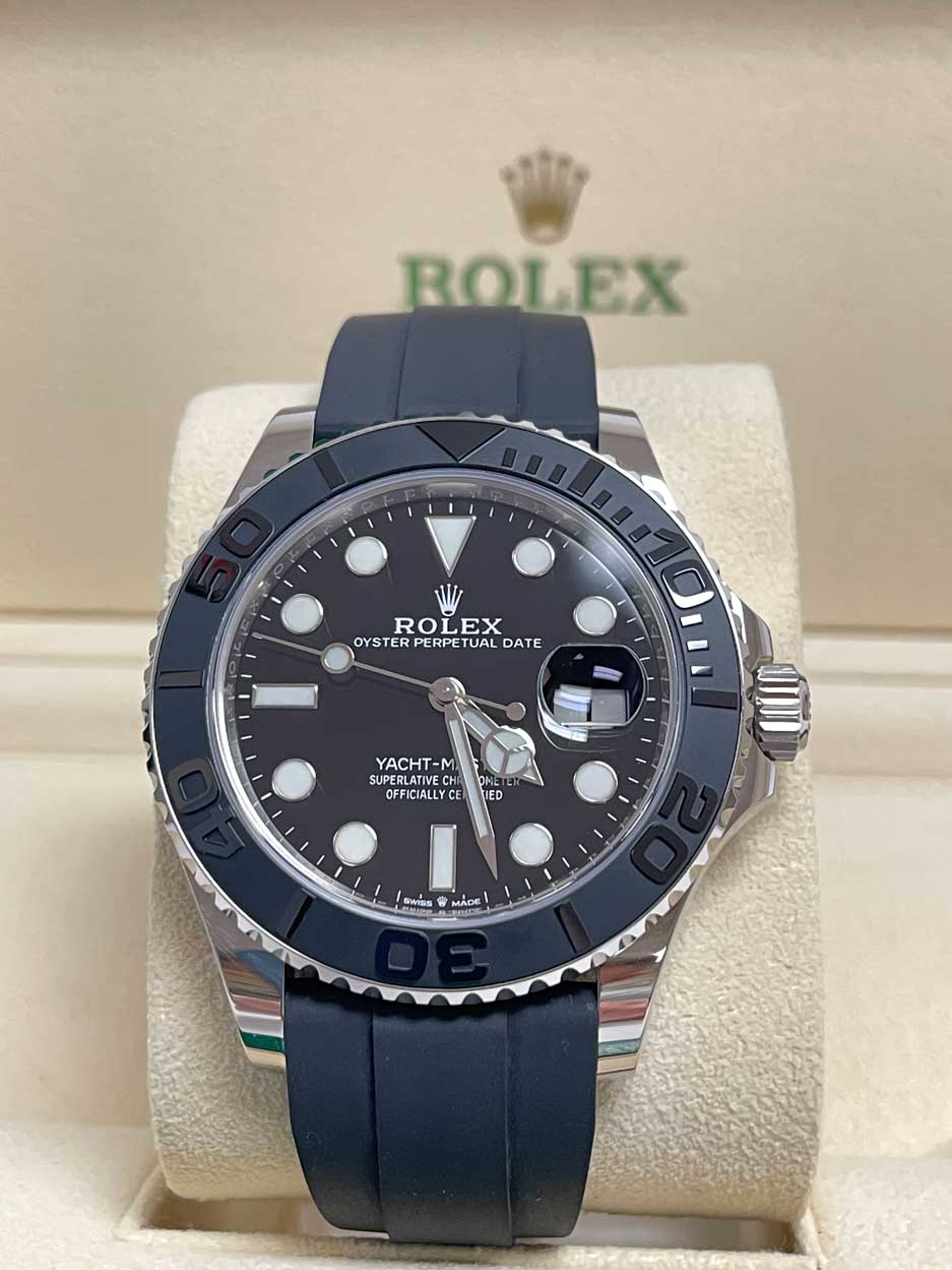 Rolex White Gold Yacht-Master 42 Watch - Black Dial - Oysterflex Strap