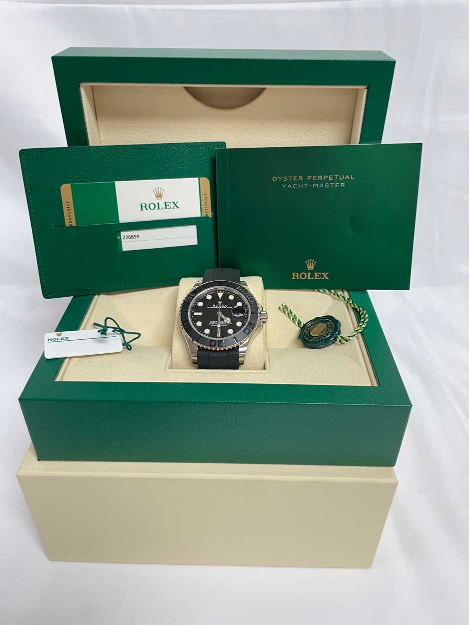 Rolex White Gold Yacht-Master 42 Watch - Black Dial - Oysterflex Strap