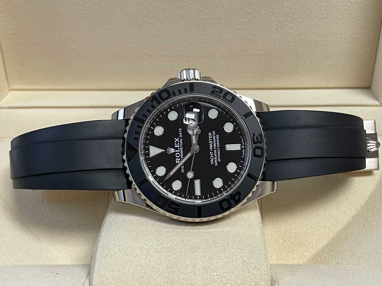 Rolex White Gold Yacht-Master 42 Watch - Black Dial - Oysterflex Strap